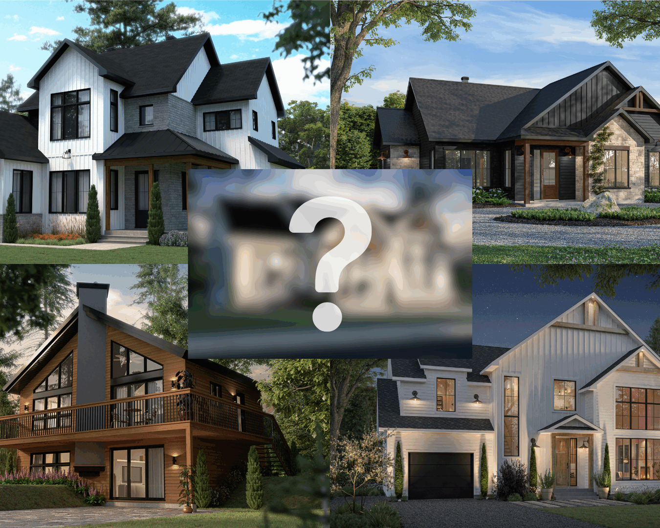 Collage featuring the 10 most popular house plans of 2026, including modern farmhouse, walkout basement, Scandinavian and cottage home designs by Drummond House Plans.