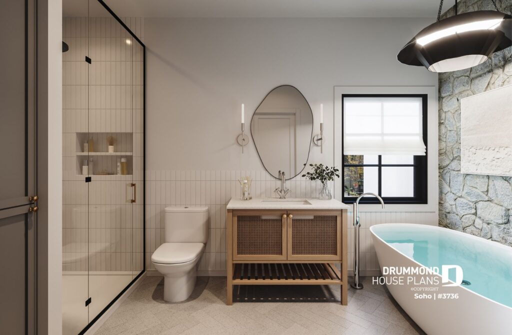 Organic house design bathroom with natural stone wall, wood vanity and neutral finishes