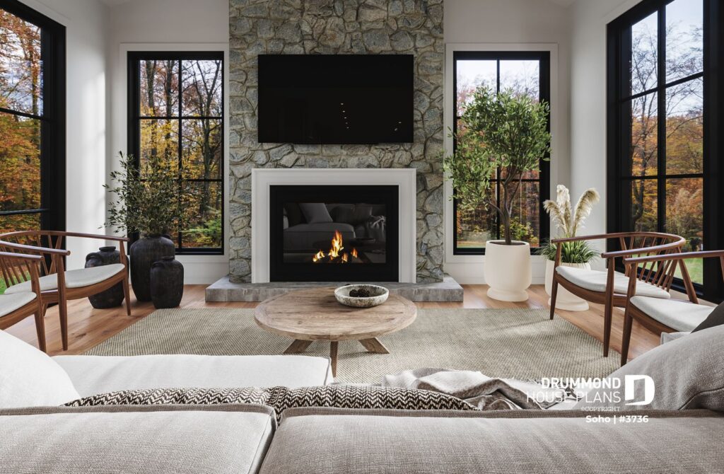 Organic house design living room with natural stone fireplace, wood accents and large windows