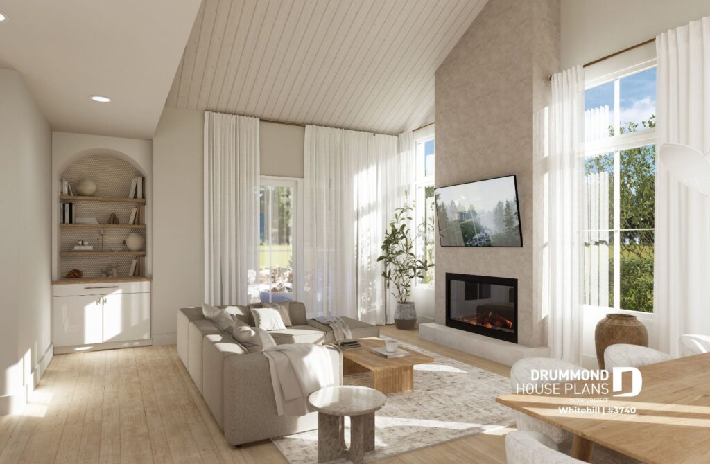 Organic house design living room with vaulted ceiling, natural wood floors and large windows