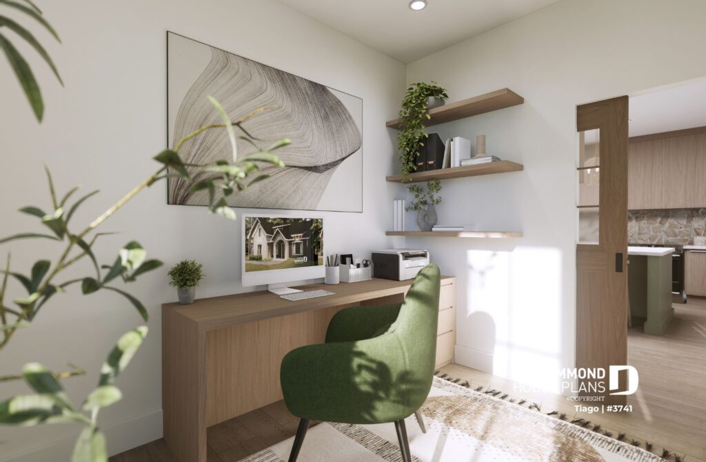 Organic house design home office with natural wood, greenery and neutral finishes