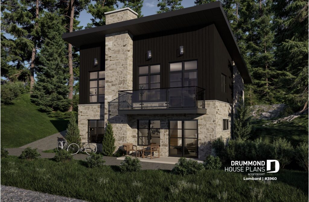 Organic modern house design with natural stone, dark wood siding and large windows surrounded by trees