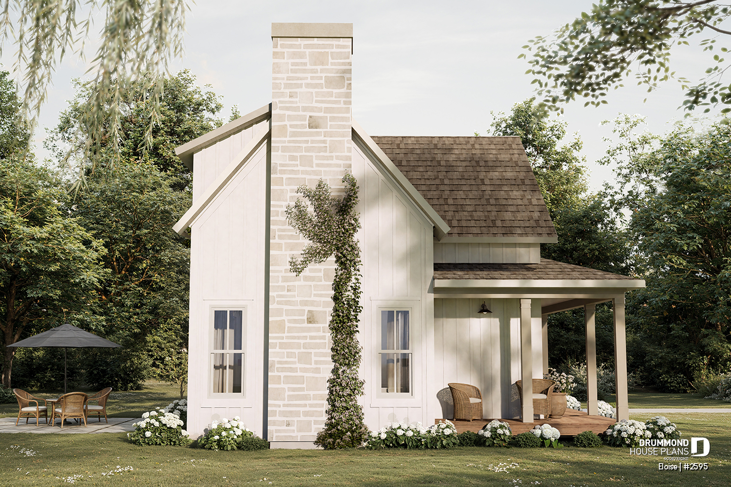 Eloise French Country house plan side exterior featuring stone chimney, covered balcony, and elegant rustic architectural design
