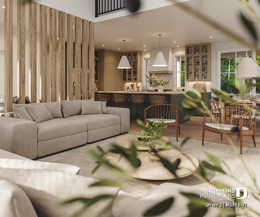 Strom 2 open-concept interior showing living room, kitchen, cathedral ceiling, and bright modern farmhouse layout