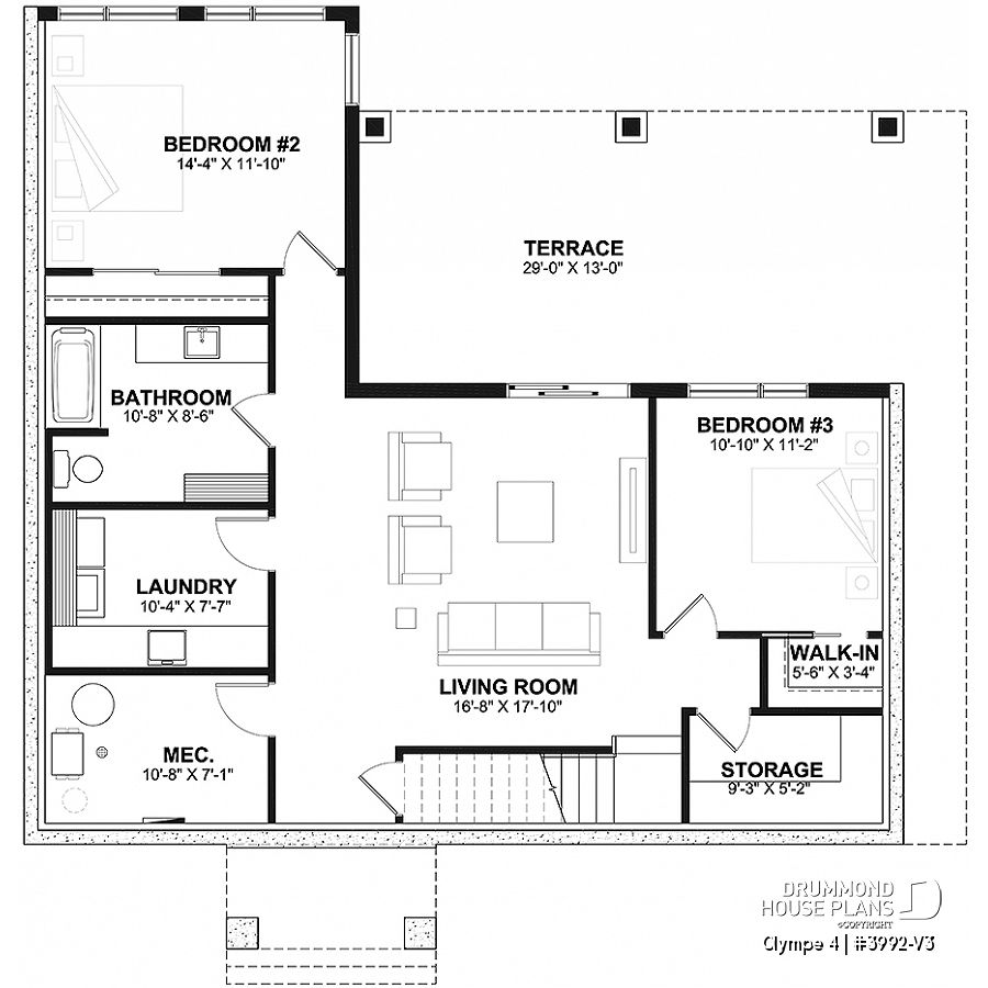 Finished Walkout Basement | House Plan Olympe 4 Olympe 4 (#3992-V3) finished walkout basement floor plan with 2 bedrooms, large family room, laundry area, and multiple storage spaces.
