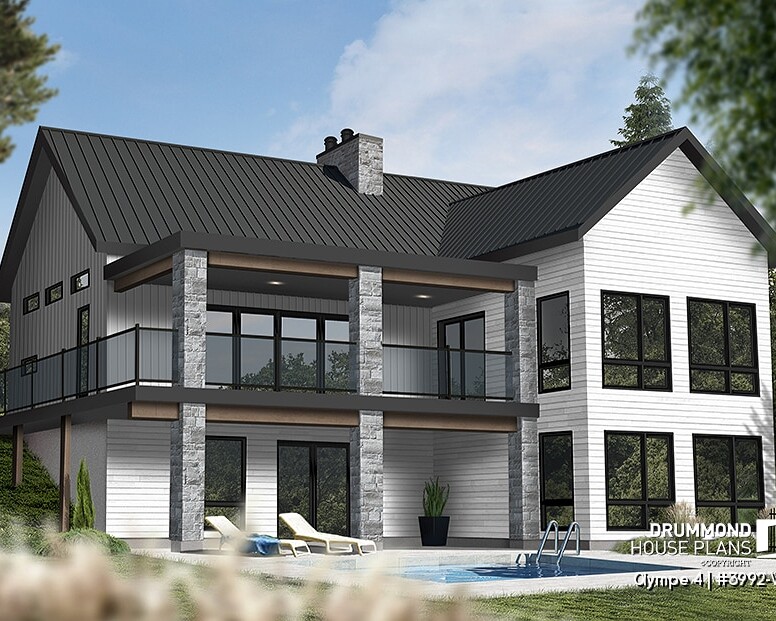 Front exterior of the Olympe 4 modern Scandinavian house plan (#3992-V3)