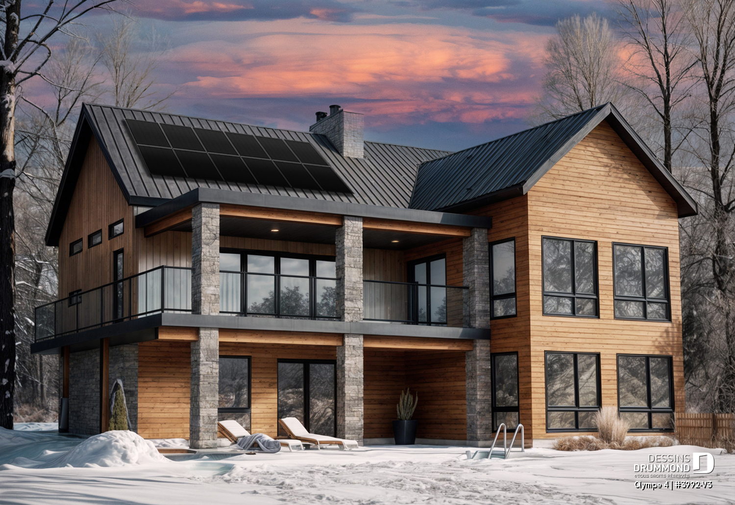 Rear View | Olympe 4 | House Plan with Walkout basement Olympe 4 (#3992-V3) modern Scandinavian house plan with walkout basement and roof design suitable for solar panels, rear elevation in winter setting.