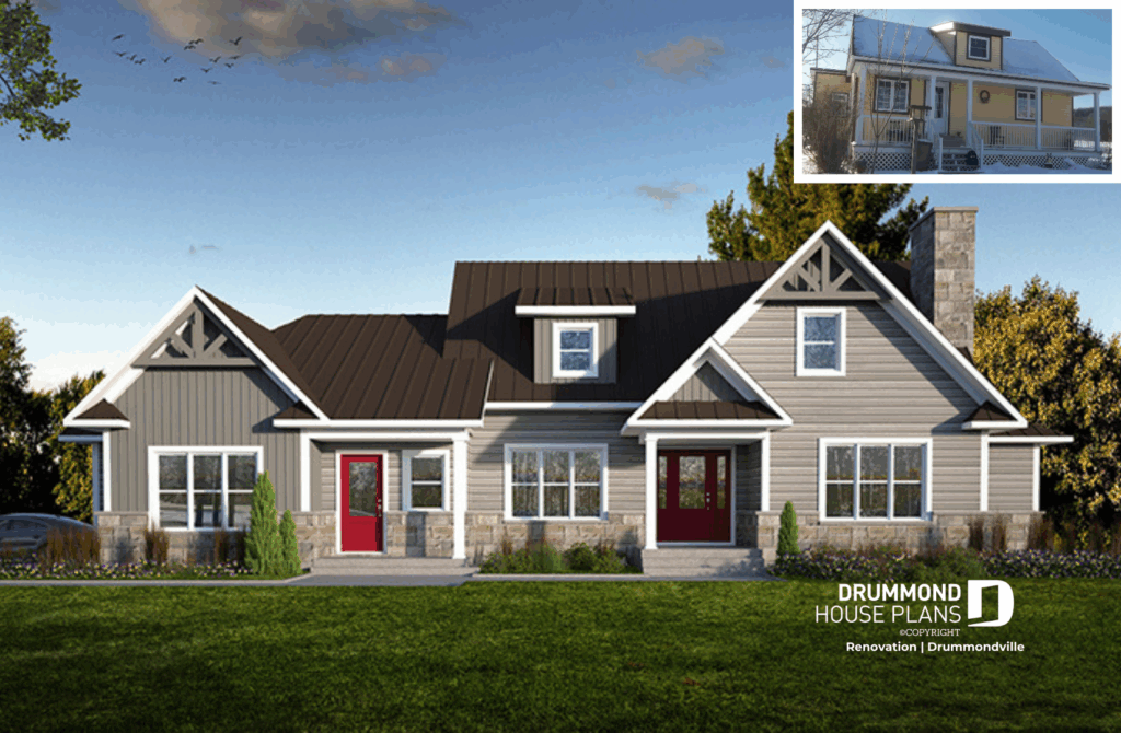 home addition, before and after picture of an old country home becoming a large modern farmhouse home, design by Drummond House Plans