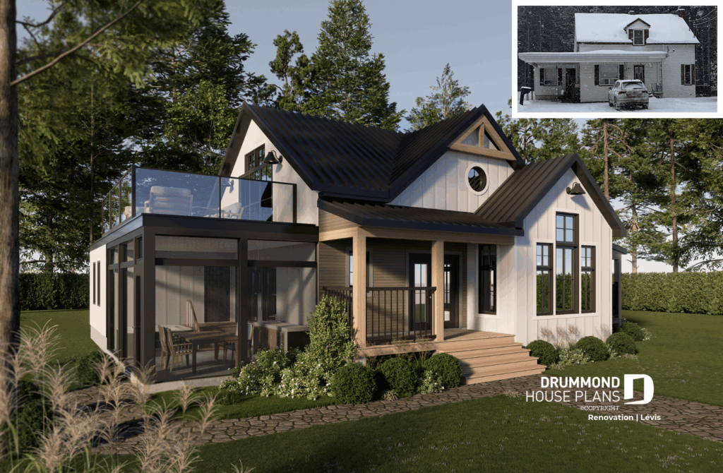 photos of a before and after home, with home renovation, country style becoming a modern craftsman home