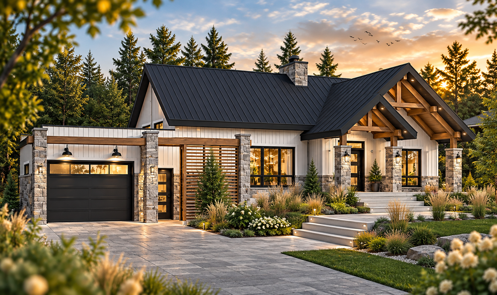 Olympe 3 #3992-V2 modern Scandinavian house with garage, timber accents and stone columns