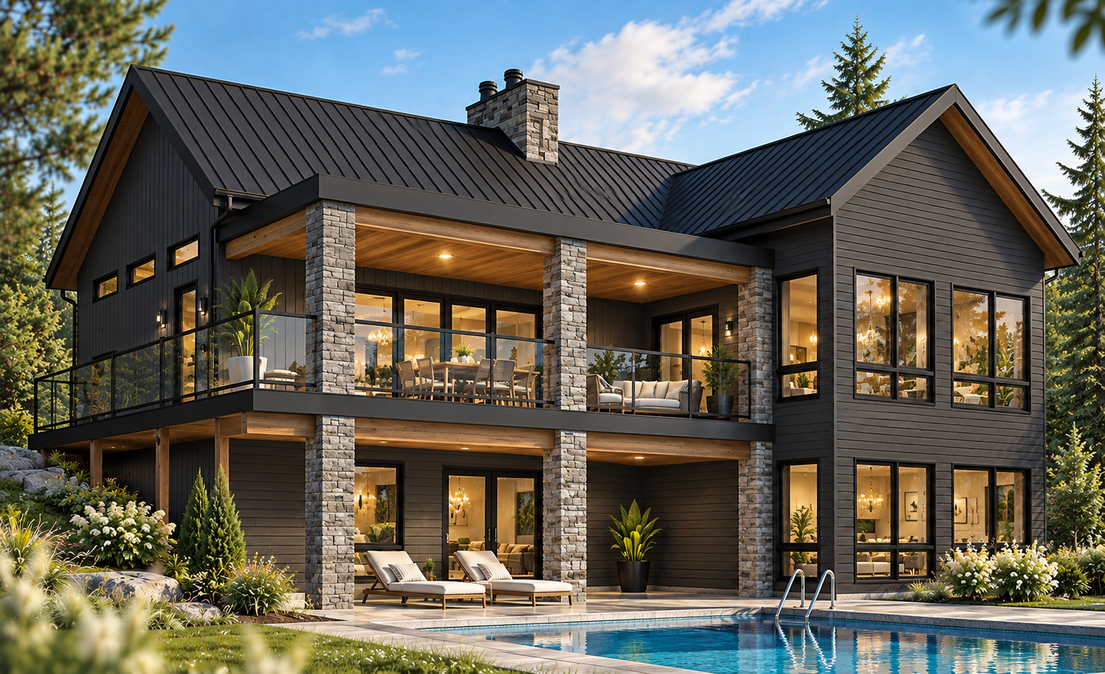 Olympe 4 #3992-V3 Scandinavian walkout house with charcoal siding, wood accents and covered terrace