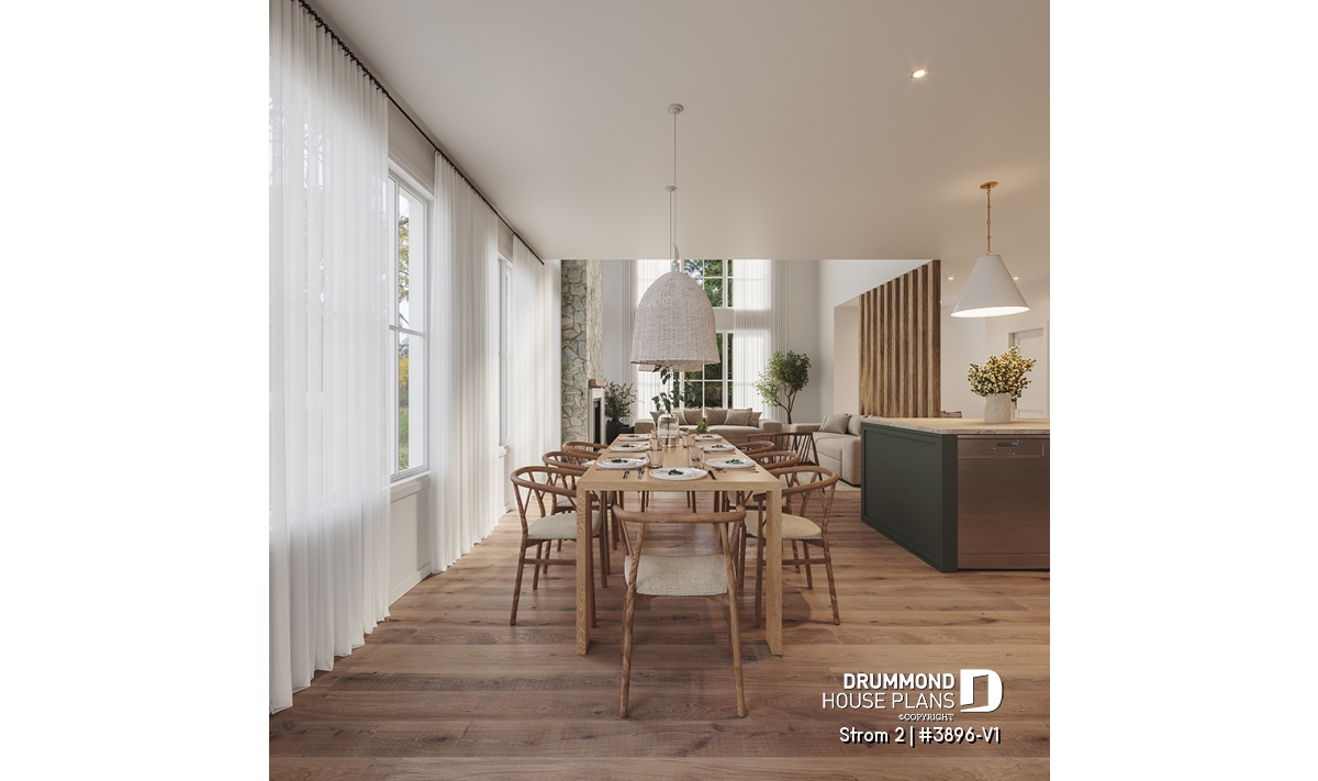 Bright dining room with large windows in the Strom 2 house plan (#3896-V1) by Drummond House Plans