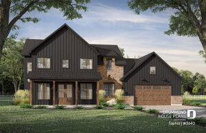 Modern farmhouse with dark vertical siding, natural stone accents, covered entry and double garage with wood doors.