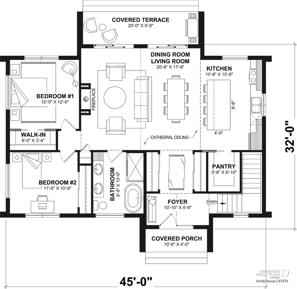 2 bedroom floor plan by Drummond House Plans