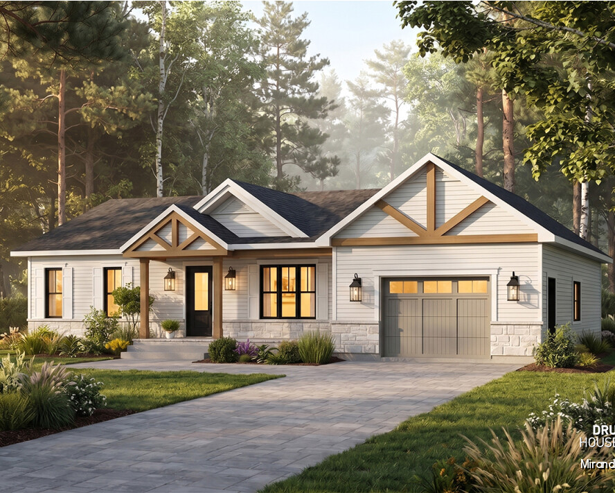 Affordable one-story Miranda 4 house plan with garage by Drummond House Plans