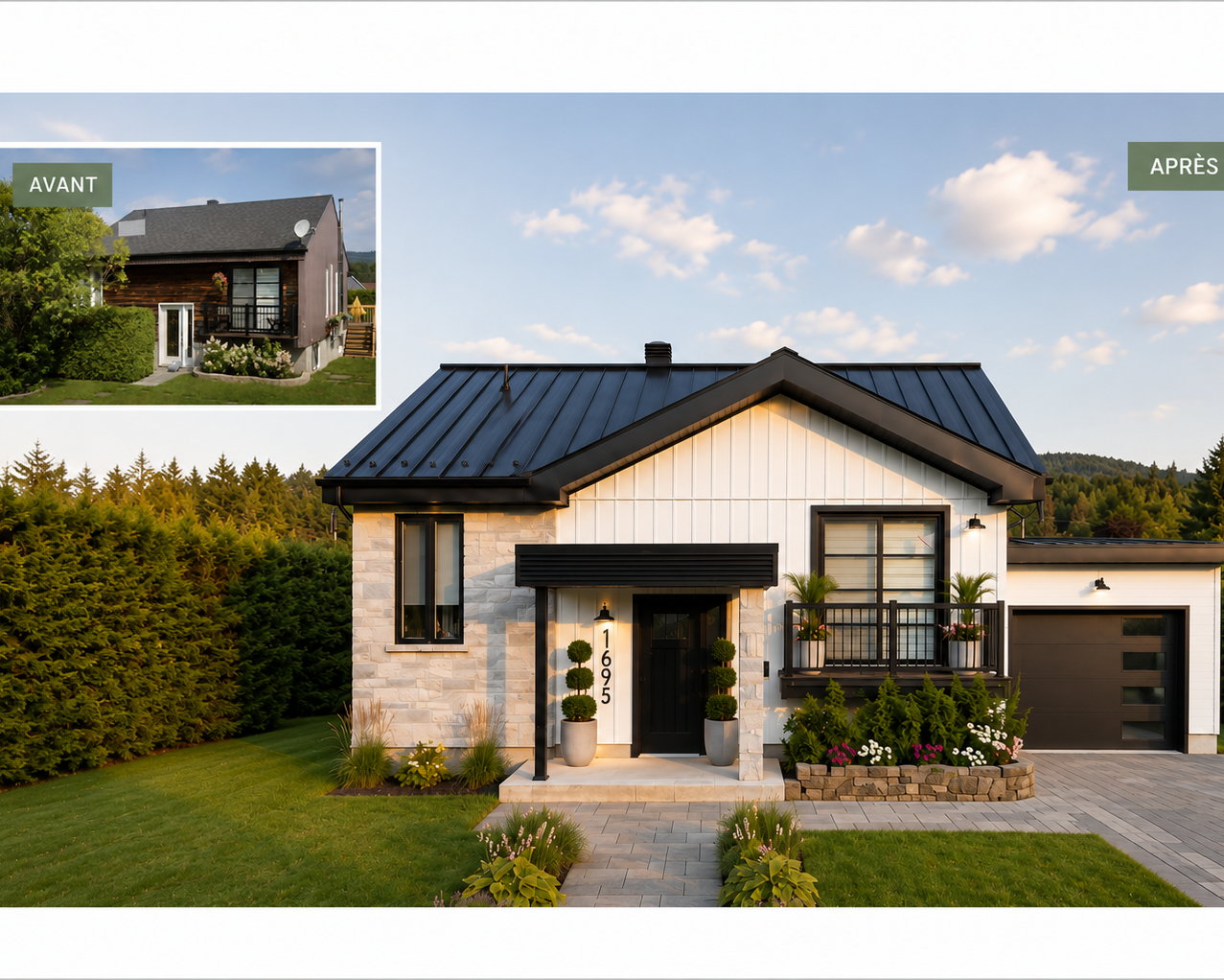 Rénovation de maison avant-après montrant la transformation extérieure d’une maison avec nouvelle façade, entrée modernisée et garage.