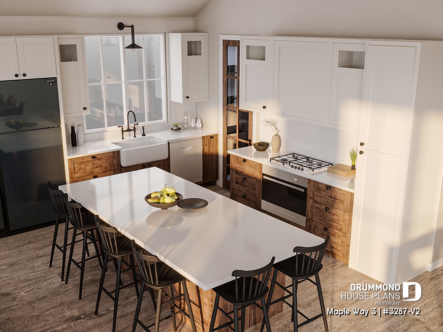 farmhouse style kitchen with good size island and pantry or back kitchen for plan #3287-V2