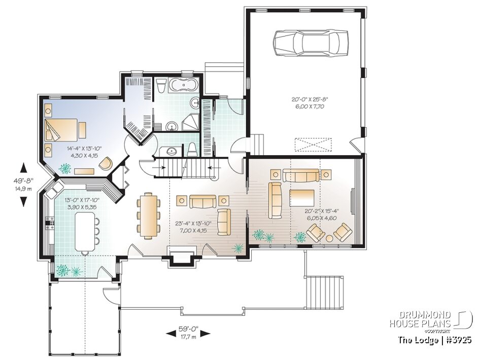 Main floor plan of Lodge #3925 featuring a primary suite, open-concept living area, kitchen with island, screened porch and 2-car garage