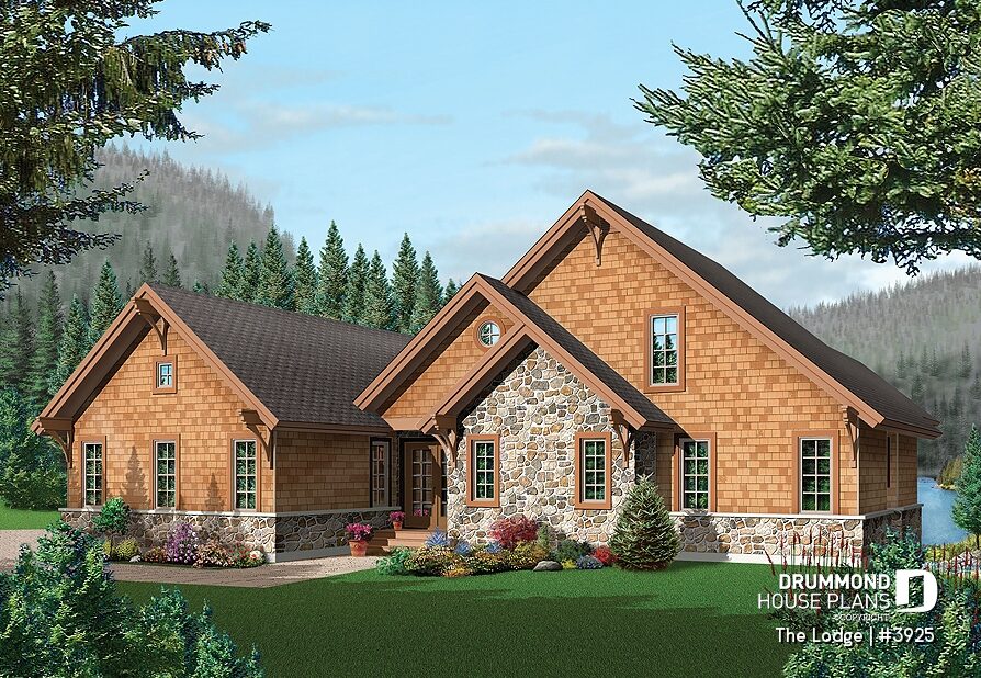 Front elevation of Lodge #3925 rustic cottage plan featuring a walkout basement, 2-car garage, stone accents and mountain-inspired architecture