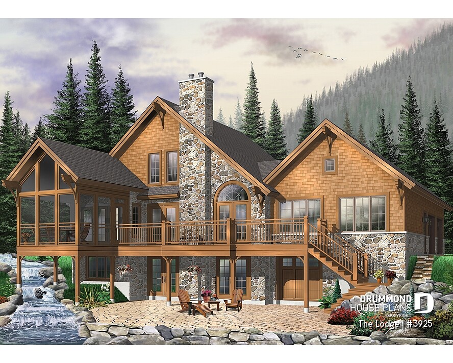 Rear view of Lodge #3925 rustic cottage plan featuring a walkout basement, large deck, stone chimney, expansive windows and mountain-inspired architecture