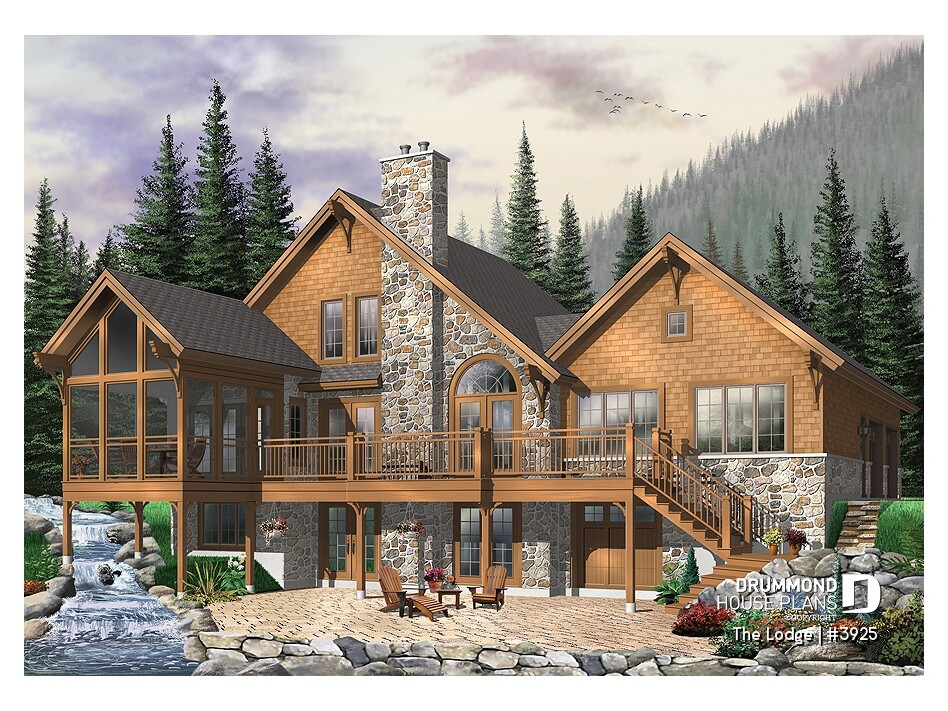 Rear view of Lodge #3925 rustic cottage plan featuring a walkout basement, large deck, stone chimney, expansive windows and mountain-inspired architecture
