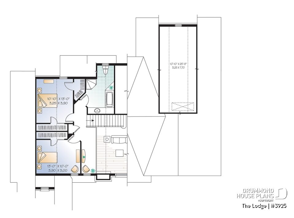 Upper floor plan of Lodge #3925 featuring two bedrooms, a loft overlooking the great room, a full bathroom and storage space