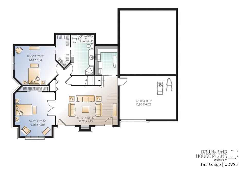 Walkout basement floor plan of Lodge #3925 featuring two bedrooms, a family room, full bathroom and direct outdoor access