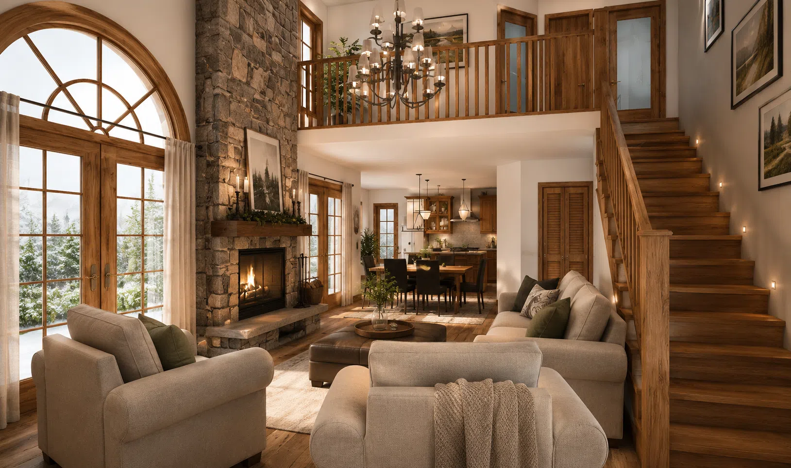 The Lodge #3925 great room featuring a soaring stone fireplace, open loft, cathedral ceiling, large arched windows and warm wood finishes