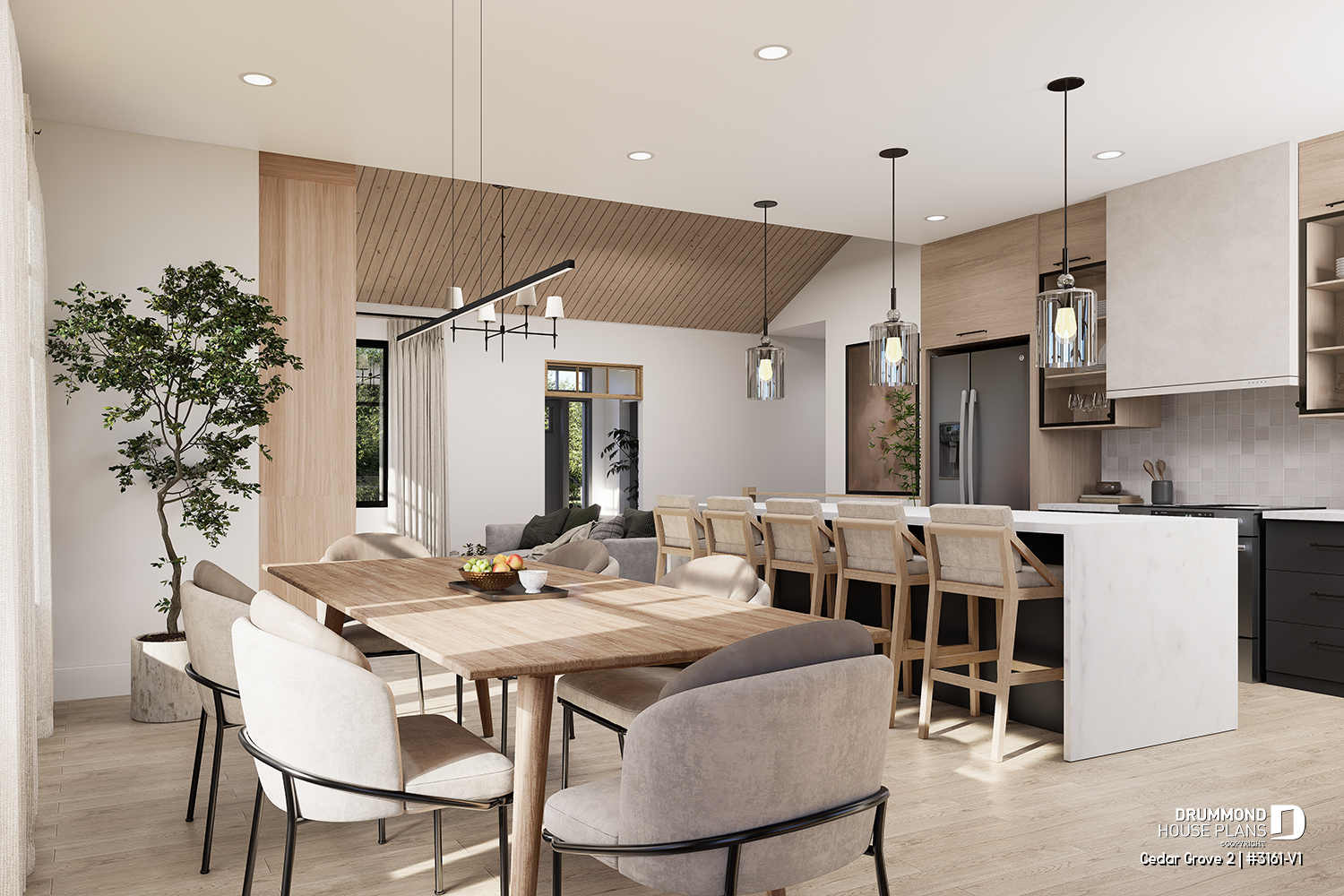 The dining room of the Cedar Grove 2 house plan (#3161-V1) showcases a wood cathedral ceiling, a spacious family table and an open modern farmhouse kitchen, creating a warm and inviting space for everyday meals and gatherings.
