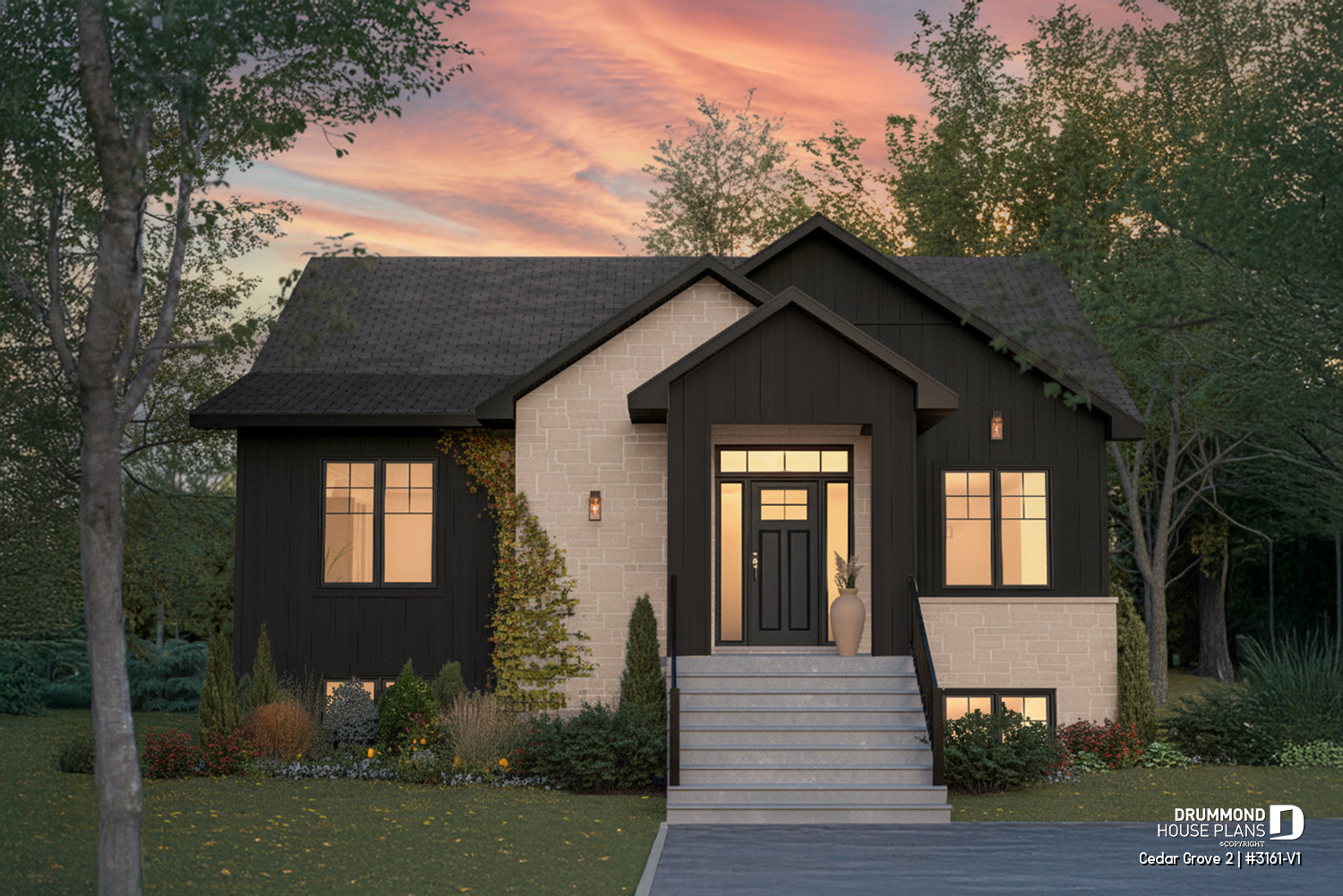 Front elevation of the Cedar Grove 2 house plan (#3161-V1) featuring dark modern farmhouse siding, mixed stone accents and a welcoming entry.