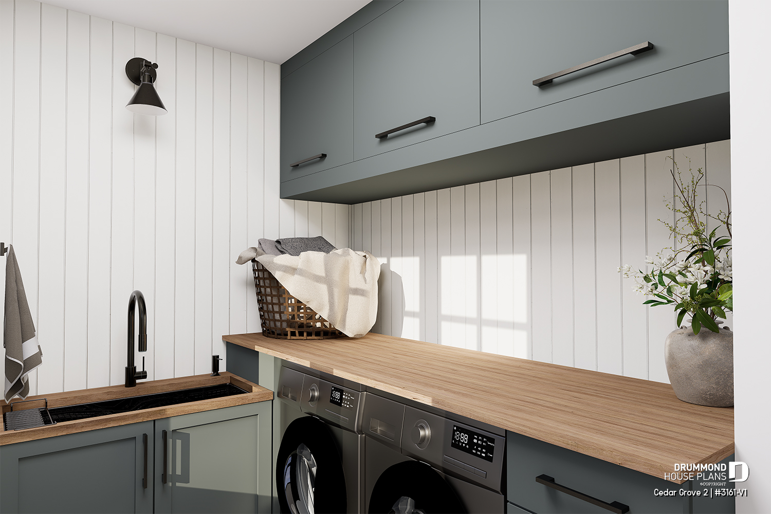 Laundry room in the Cedar Grove 2 house plan (#3161-V1) featuring wood countertop, sage green cabinetry and a functional modern farmhouse layout.