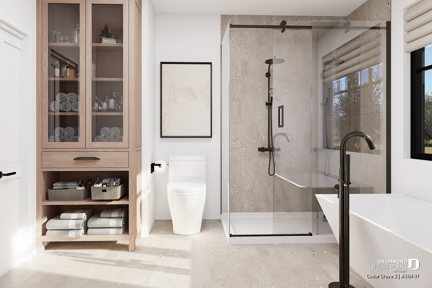 Primary bathroom on the main floor of the Cedar Grove 2 house plan (#3161-V1) featuring a modern glass shower, built-in storage cabinet and black fixtures in modern farmhouse style.