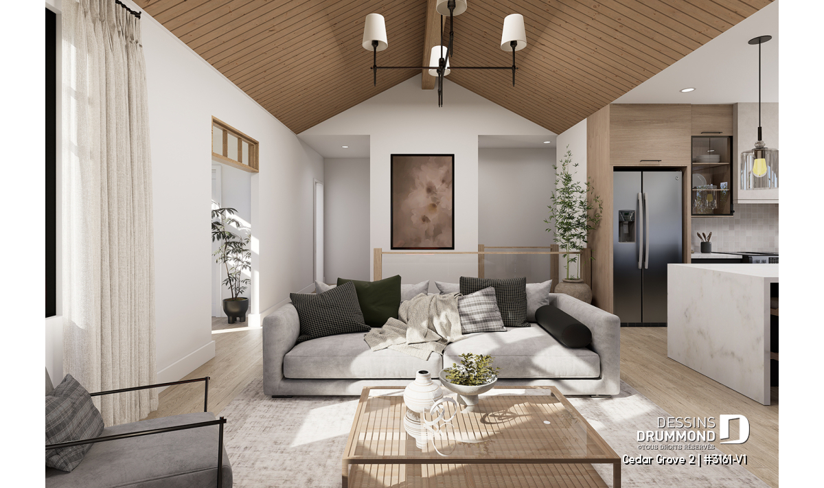 Living room in the Cedar Grove 2 house plan (#3161-V1) with wood cathedral ceiling, modern fireplace and open-concept layout connecting to the farmhouse-style kitchen.
