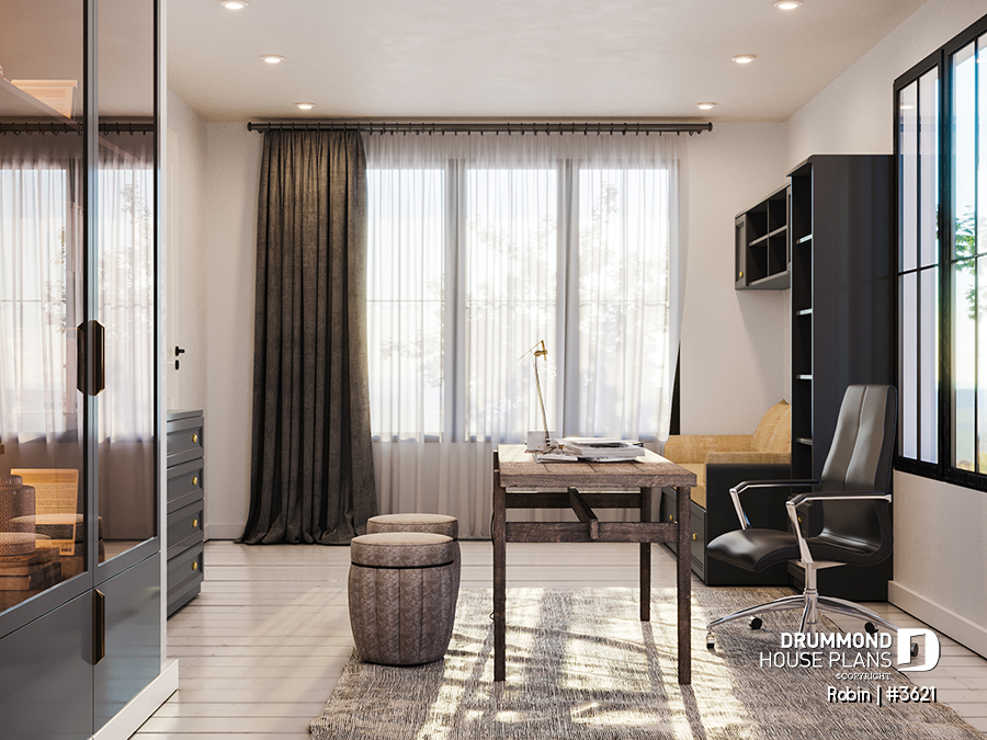 Modern Ranch plan offering a home office, Robin House Plan by Drummond House Plans