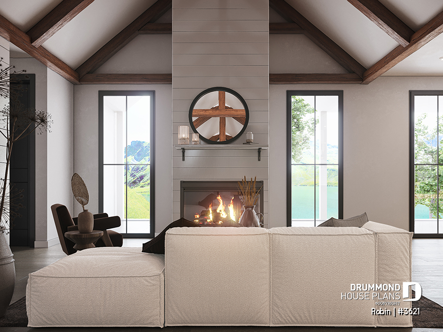 Ranch style house plan Robin #3621 offers lots of natural light and a central fireplace