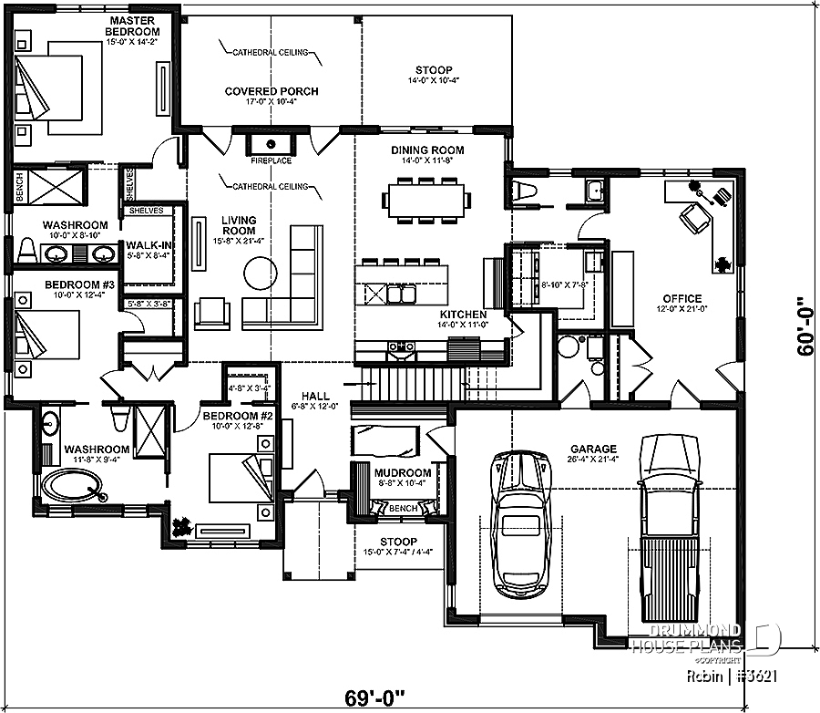 Floor plan of Robin House Plan - 3 to 5 bedrooms and 2-car garage