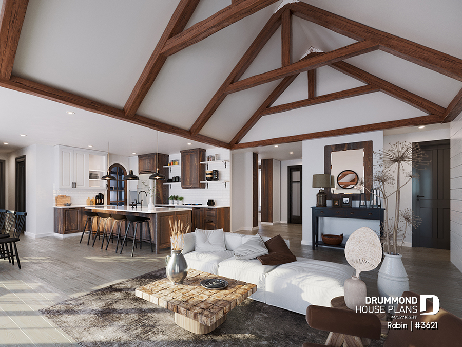 Contemporary Rach house plan with cathedral ceiling showing Wood beams, house plan Robin #3621 by Drummond House Plans
