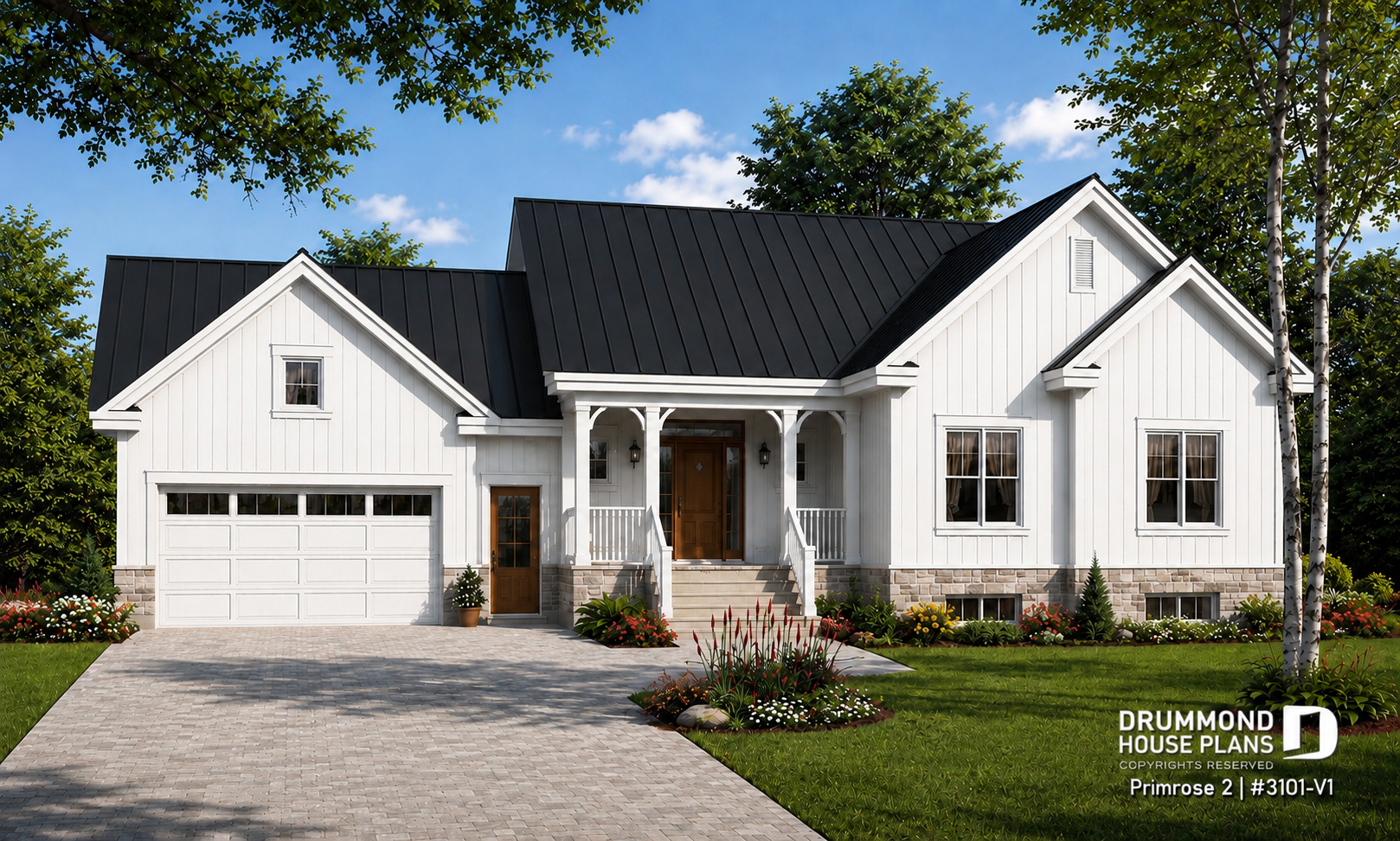 6-bedroom ranch house plan with double garage, white board and batten siding, stone accents and black metal roof – Primrose 2