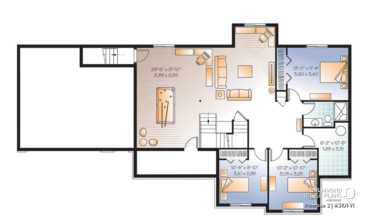 Finished basement floor plan of the Primrose 2 featuring 3 additional bedrooms, a large family room, a full bathroom and storage areas