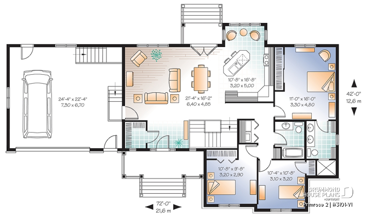 Main floor plan of the Primrose 2 featuring 3 bedrooms, open-concept living areas, a double garage and a private primary suite