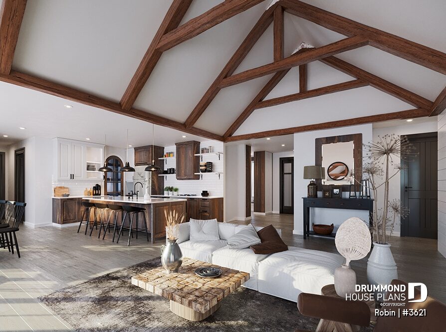 Open-concept great room with cathedral ceiling, exposed wood beams, gourmet kitchen and large island in the Robin (#3621) modern ranch house plan by Drummond House Plans.
