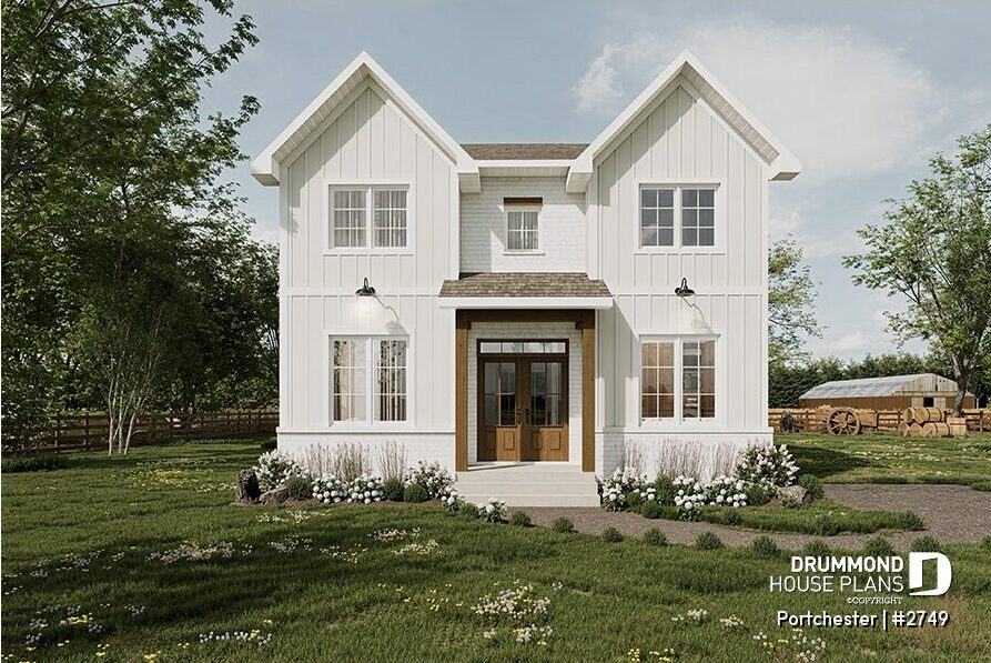 Portchester modern farmhouse narrow lot house plan (#2749) white country farmhouse design