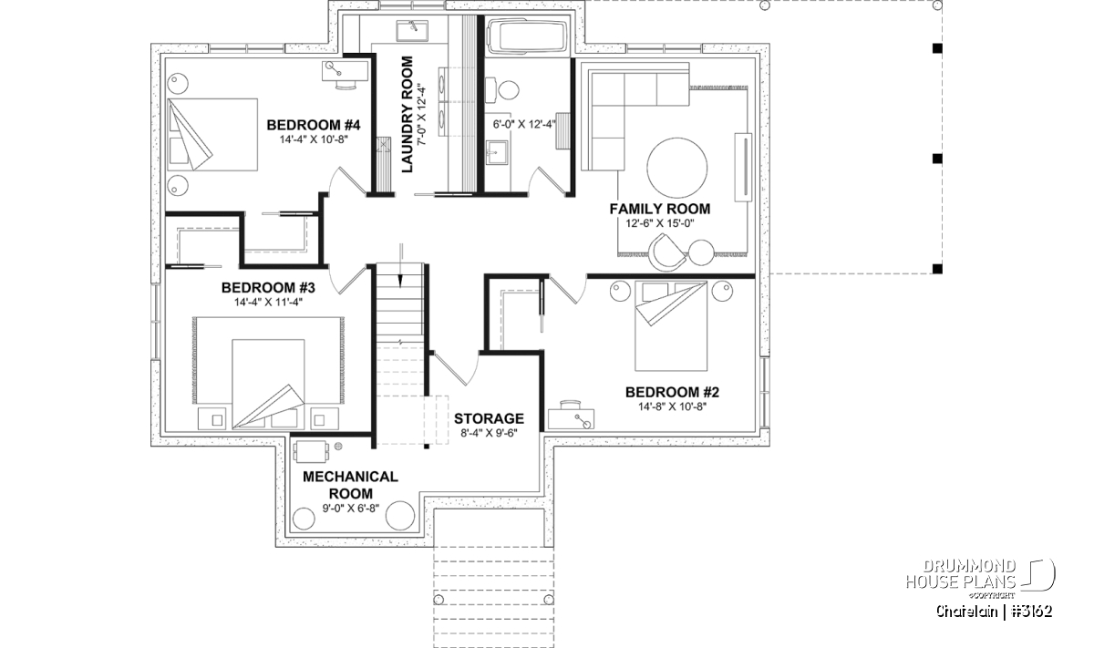 Finished basement floor plan of a single-story house with 3 bedrooms, family room and storage – Chatelain (#3162)