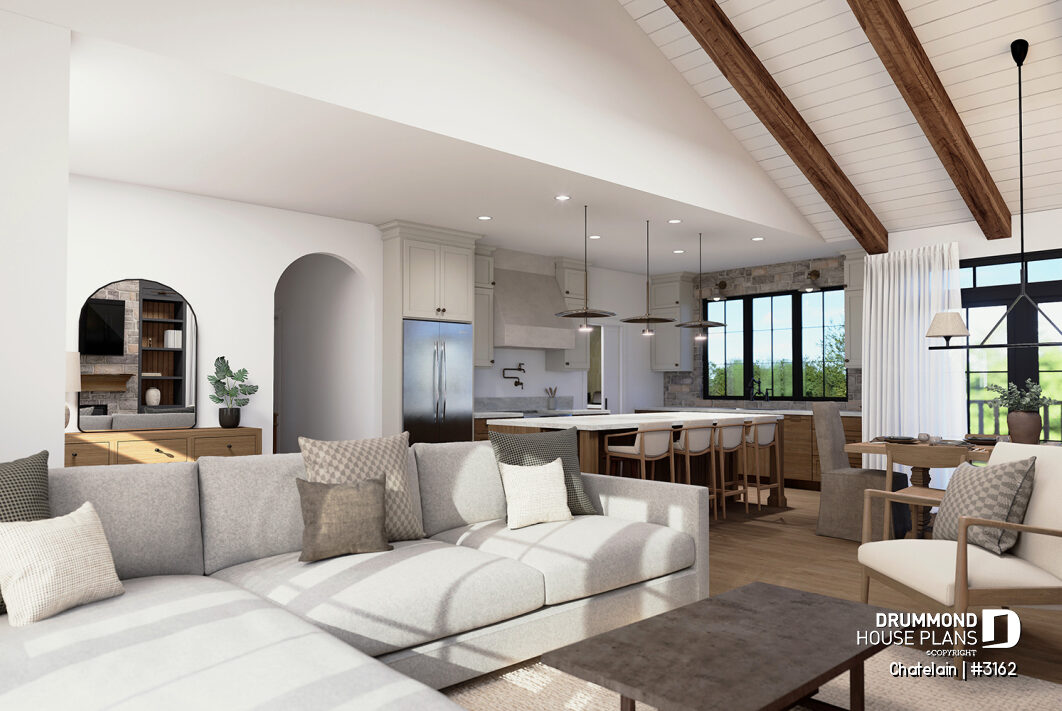 Bright single-story open-concept living area with cathedral ceiling, exposed beams and large windows – Chatelain (#3162)