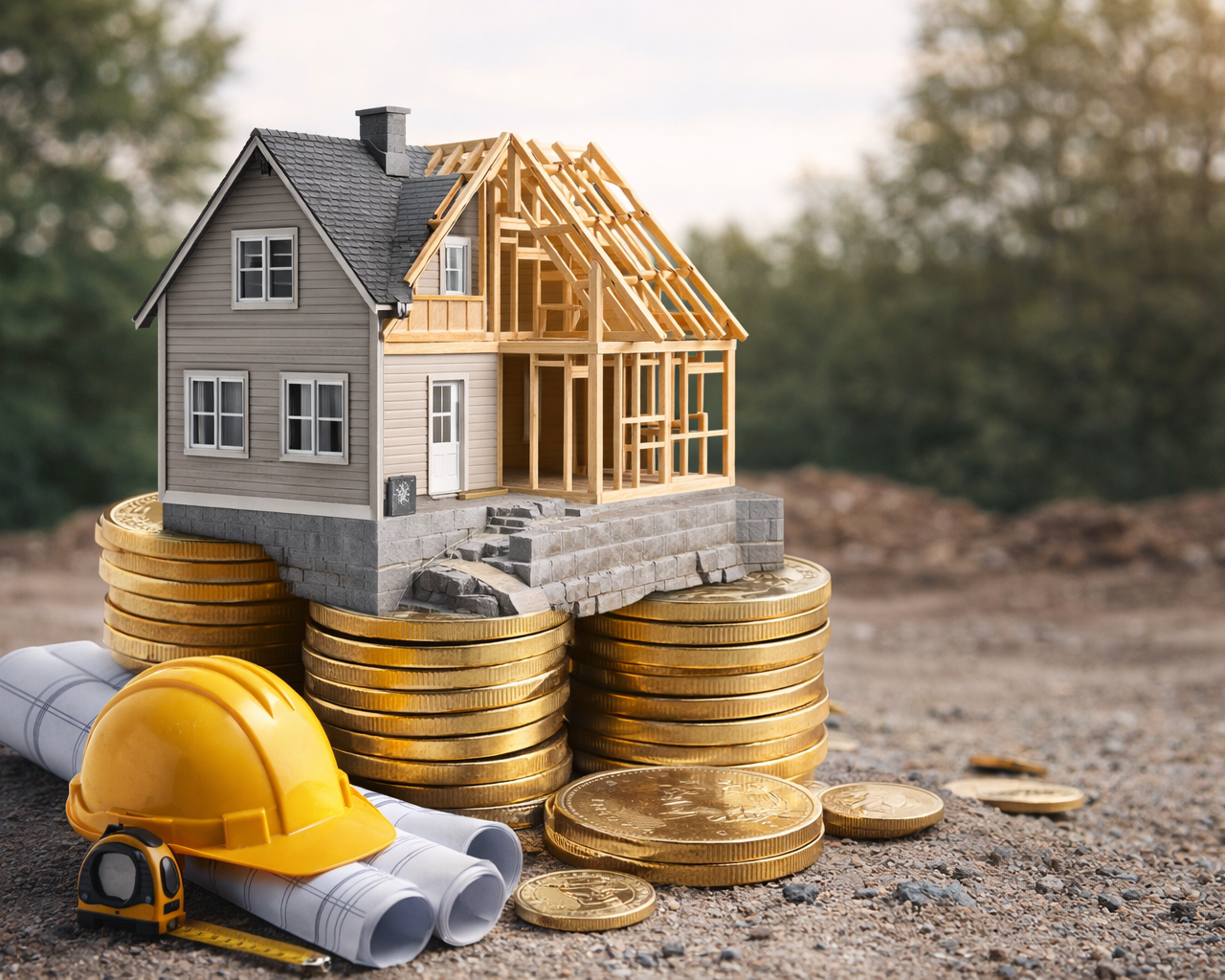 Maison en construction avec pièces de monnaie illustrant le coût de construction au Québec