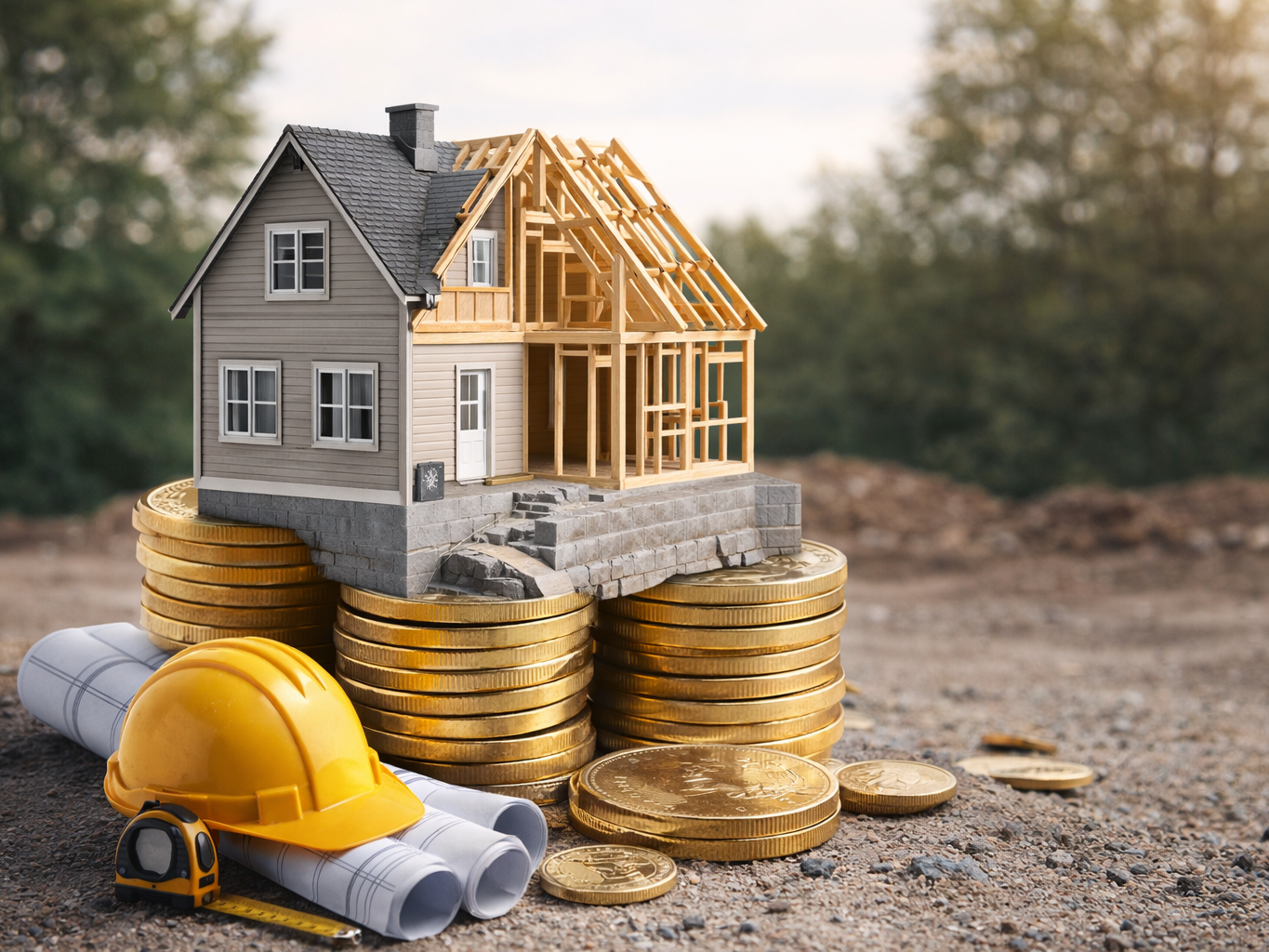 Maison en construction avec pièces de monnaie illustrant le coût de construction au Québec