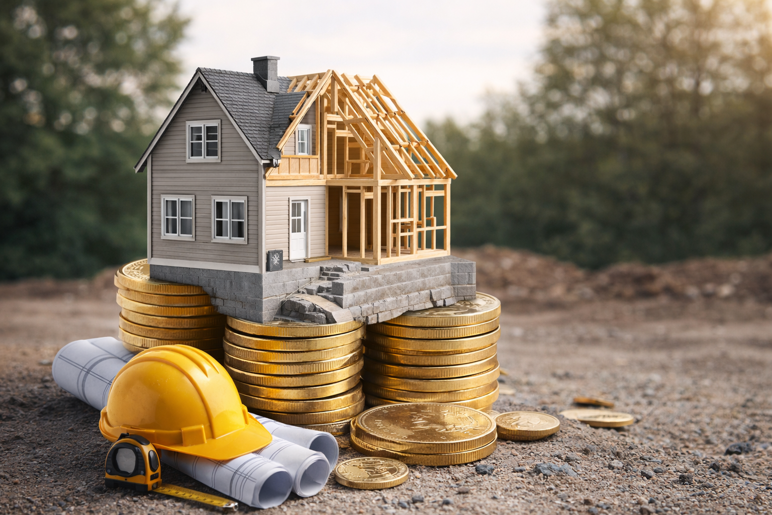 Maison en construction avec pièces de monnaie illustrant le coût de construction au Québec