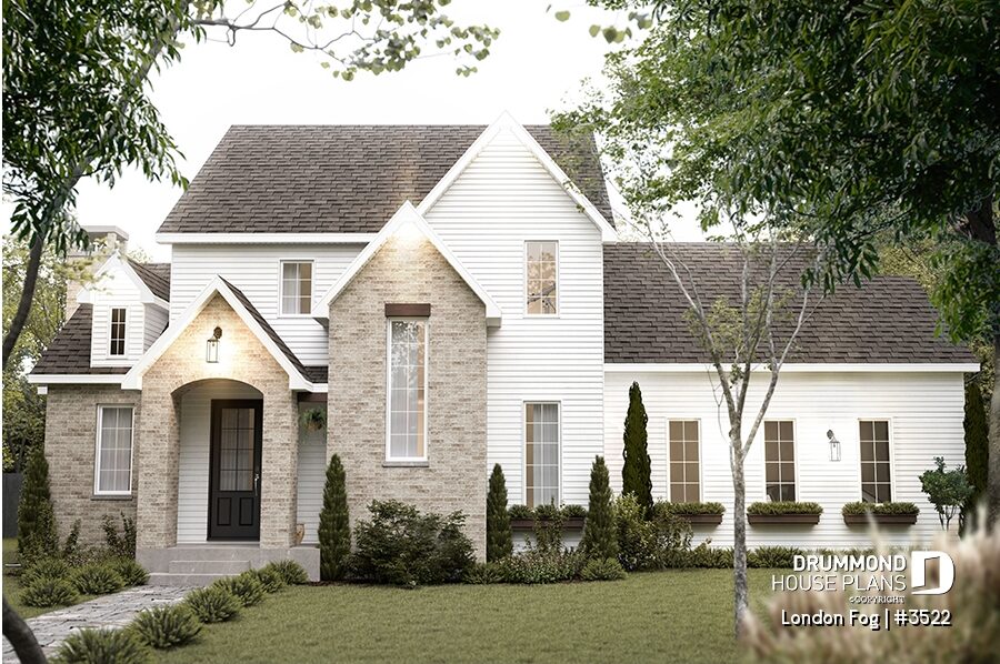 Custom house plans online featuring an elegant European-inspired home with brick and siding exterior