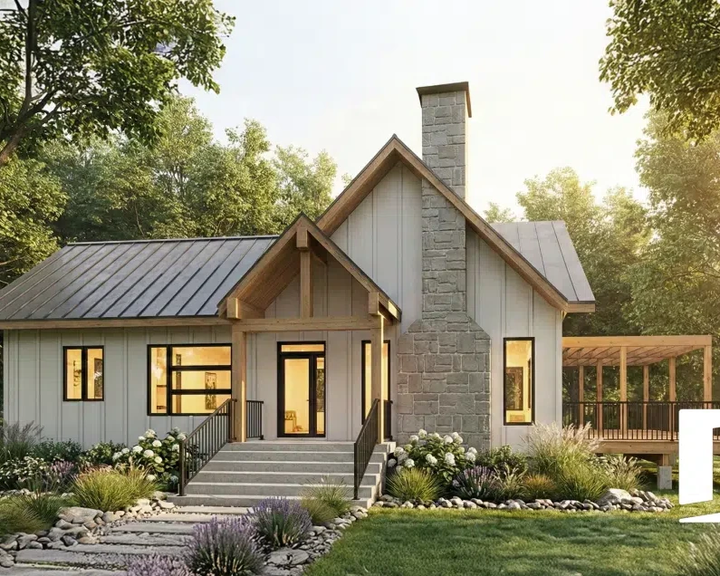 Custom house plan with stone chimney, covered terrace and personalized home design tailored to the homeowner's lifestyle