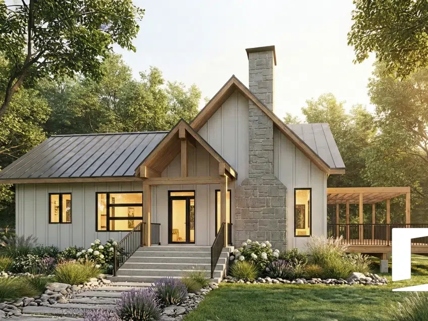 Custom house plan with stone chimney, covered terrace and personalized home design tailored to the homeowner's lifestyle